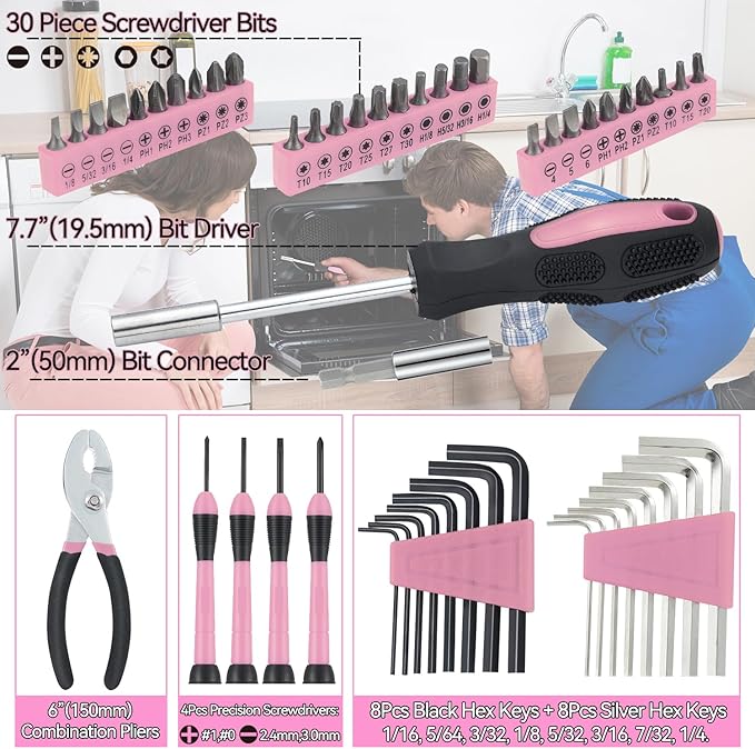 58 Piece Household Tool Set, General Household Hand Tool Kit with Plastic Toolbox Storage Case, All Purpose Household Tool Kit for Women, Girls and Ladies, Pink