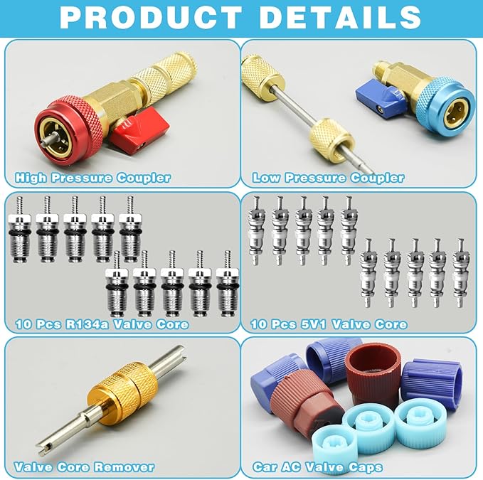 31Pcs R134A Valve Core Quick Remover Installer Tool Set, High Low Pressure AC Valve Core Removal Tool with R134A Valve Core AC Service Port Cap Valve Stem Kit for Refrigerant Air Conditioner System