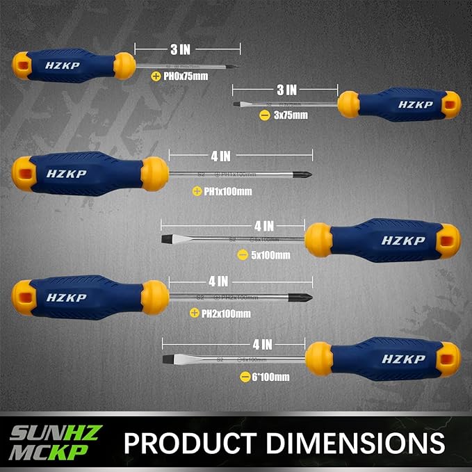 SUNHZMCKP 7-Piece Screwdriver Set, 3 Phillips and 3 Flat Screw Driver Made of S2 Steel, Screw Driver Set Kit with Wall Mount, Professional Cushion Grip and Magnetize&Demagnetize Device