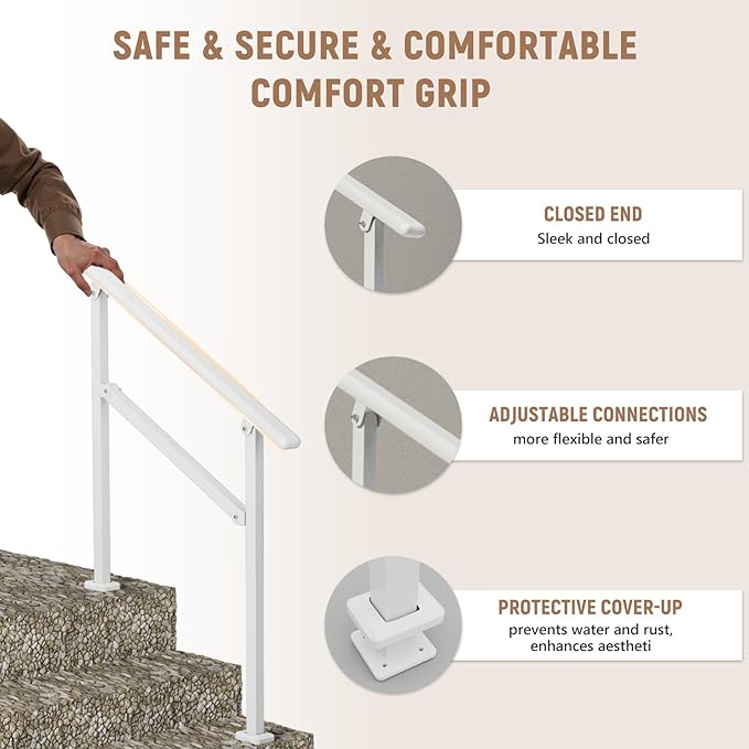 Hand Rails for Outdoor Steps,2-3 Step Railing for Stairs,Adjustable Porch Railing,Hand Rails for Seniors,Outdoor Deck Handrails for Exterior Steps,White