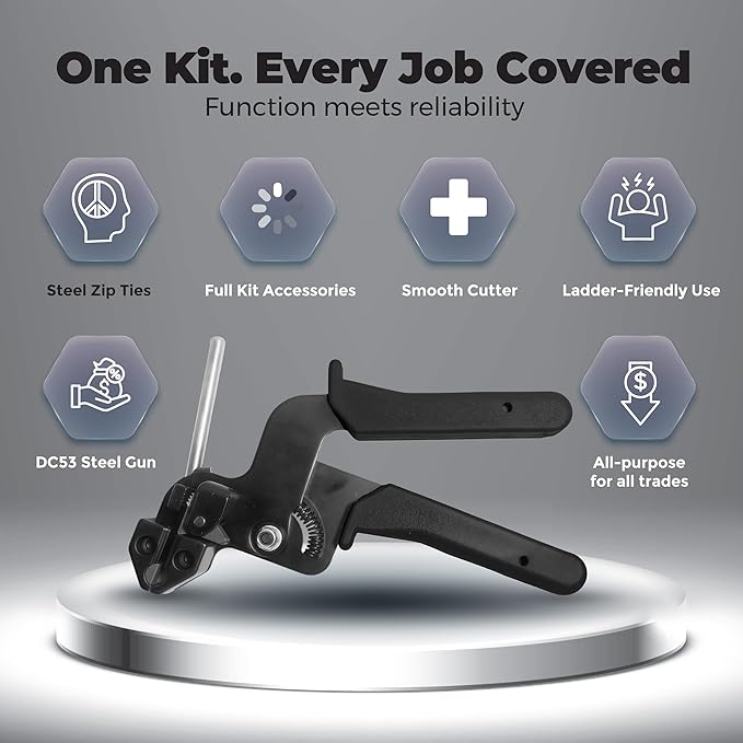 Metal Zip Ties Tool Stainless Steel Cable Tie Gun Kit with Stainless Zip Ties Metal & Cable Tie Buckle – Heavy Duty Tool for Securing Cables, Fencing, Exhaust Wrap, and More