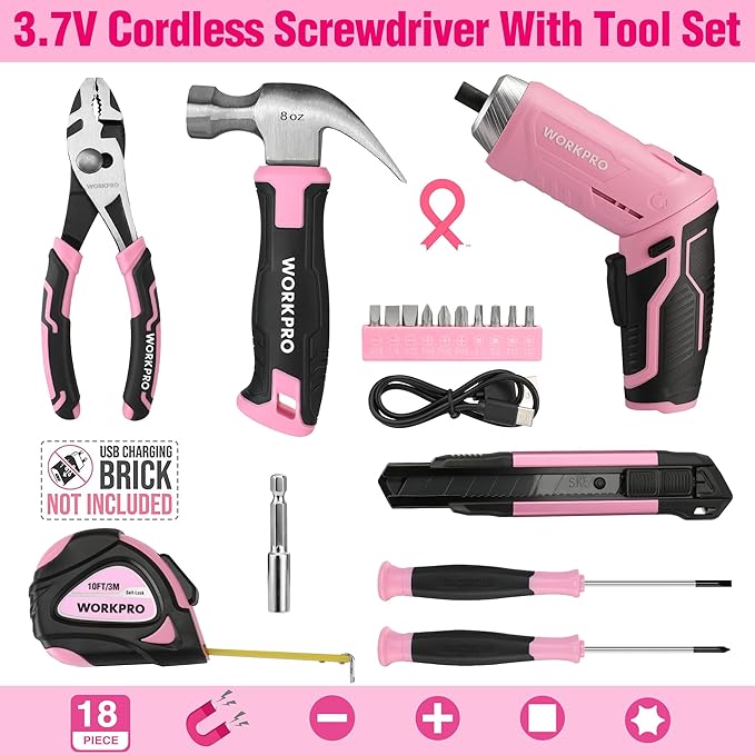 WORKPRO Pink Tool Set with 3.7V Rotatable Electric Screwdriver, 18PCS Portable Ladies Home Tool Kit with Toolbox, Cordless Electric Screwdriver Kit, Household tool kit for Dorm, Apartment -Pink Ribbon