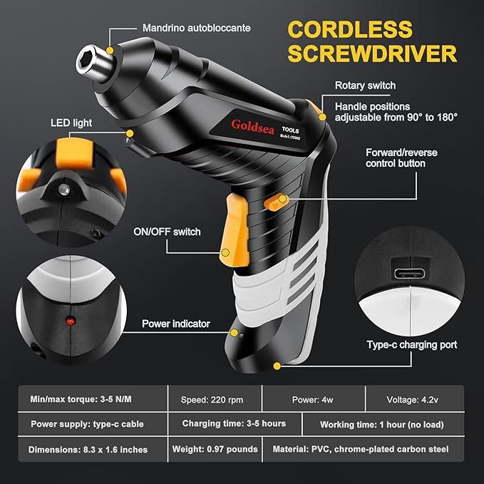 Electric Screwdriver Goldsea 4.2V Cordless Screwdriver 3.5N.m 1500mAh Type-C Charging 10pcs Screwdriver Bits 1/4” Hex Chuck 90°/180° deformation handle Forward and reverse adjustment LED Light