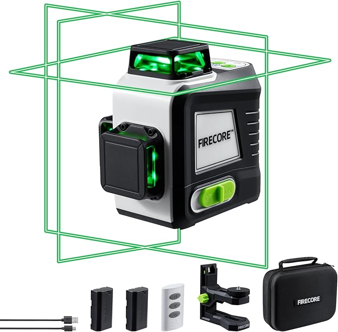 Firecore Laser Level 360 Self Leveling, 3 x 360° Compact Green Beam Cross Line Laser Leveler Tool for Picture Hanging Wall Tile Construction, 2 Rechargeable Batteries and Magnetic Bracket Included