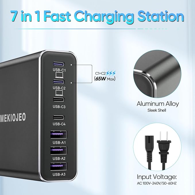 Aluminum Alloy 220W USB C Charger 7 Port Fast Charging Station,65W USB C Laptop Charger Compatible with MacBook Pro/Air (Black)