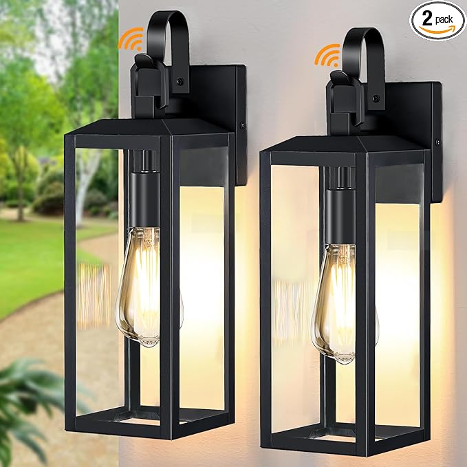 16'' Large Dusk to Dawn Outdoor Lighting 2 Packs, Modern Outdoor Lanterns for Porch, Waterproof Exterior Light Fixture Wall Sconces Lamps, Outside Lights for House Patio, Garage, Farmhouse, Black