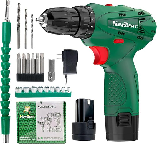 NEWBEAT Power Drill Set, 12V Cordless Drill with 2 Battery and Charger, 2 Variable Speed, 18+1 Torque Setting, Tools for Home and DIY Project