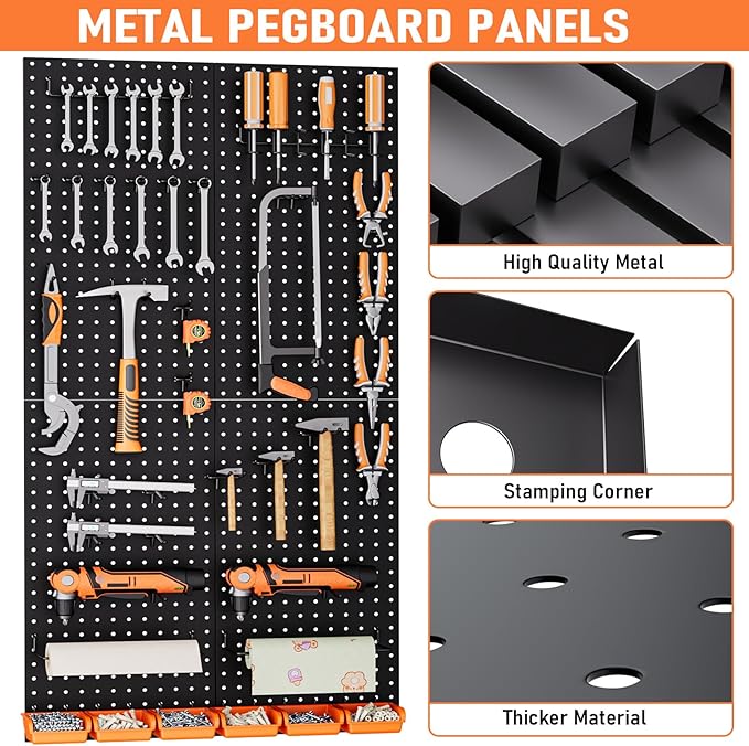 INCLY 48x24 Inch Metal Peg Board Kit with 1/4" Pegboard Hooks Accessories, 4PCS Pegboard Panels and 156PCS Black Pegboard Wall Organizer Tool Storage System for Garage Workbench Shed