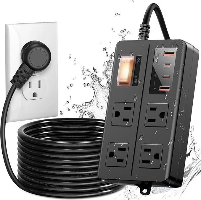 IPX6 Outdoor Power Strip Weatherproof, Waterproof Surge Protector with 4 Wide Outlet with 2A2C USB Ports, 15FT Long Extension Cord, Wall Mountable for Outside Decorations and More UL Listed(Black)