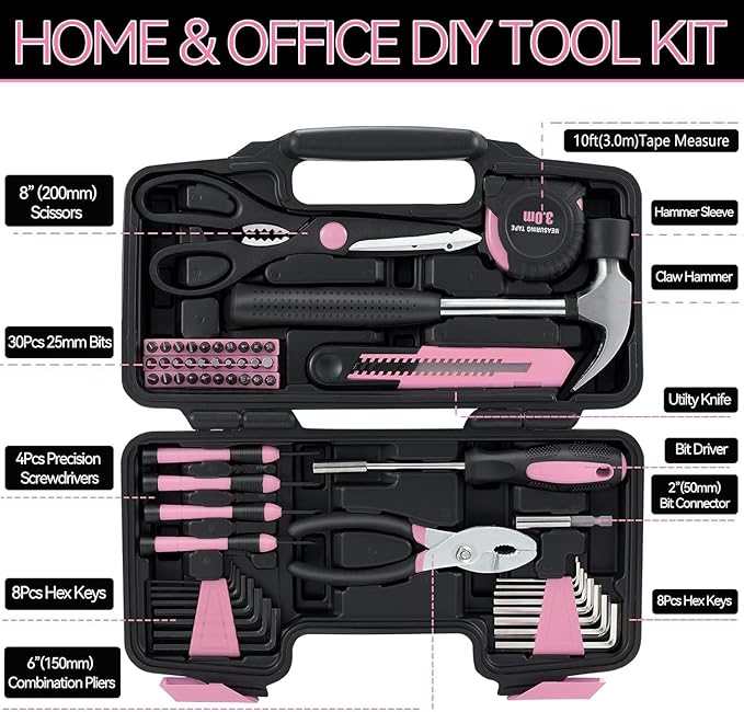 58 Piece Household Tool Set, General Household Hand Tool Kit with Plastic Toolbox Storage Case, All Purpose Household Tool Kit for Women, Girls and Ladies, Pink