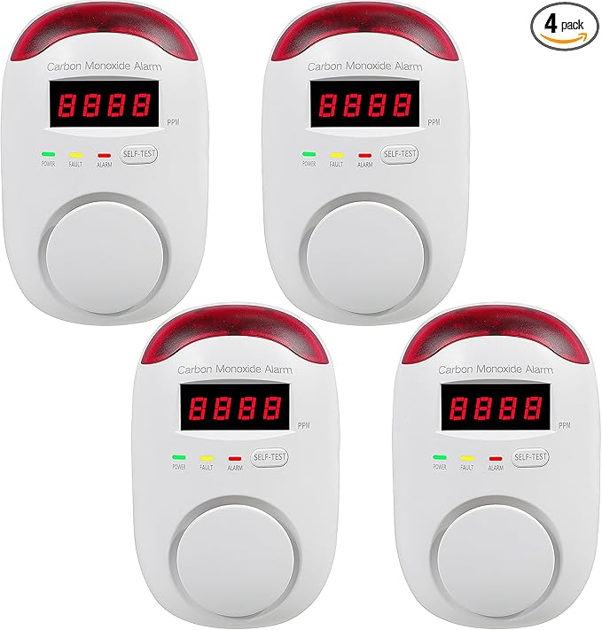 4 Packs Plug in Carbon Monoxide Detector, Portable Carbon Monoxide Alarm with LED Digital Display, AC Plug in Wall CO Detector Monitor with Light and Voice Alert for Home/Apartment/Hotel