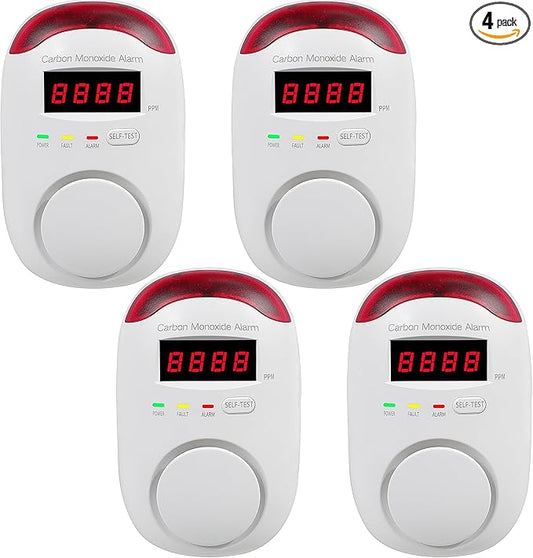 4 Packs Plug in Carbon Monoxide Detector, Portable Carbon Monoxide Alarm with LED Digital Display, AC Plug in Wall CO Detector Monitor with Light and Voice Alert for Home/Apartment/Hotel