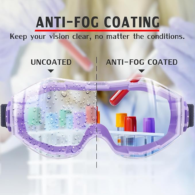 UKNOW Safety Goggles Over Glasses, Anti-Fog Clear Lens, ANSI Z87.1 Protective Eyewear Adjustable Strap, Ideal for Lab Use
