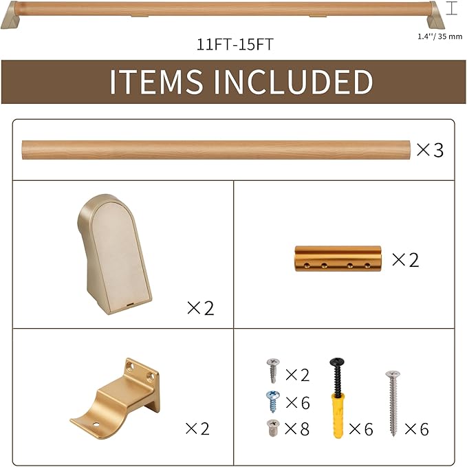 Handrails for Indoor Stairs,Railings，Outdoor Stairs Handrail，Modern Aluminum Handrail Set, Wall Mounted，Wall Return Bracket More Safety, Rust Free. (Cherry Wood Grain, 12 FT)