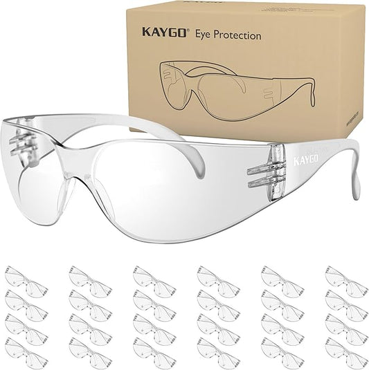 KAYGO Clear Safety Glasses for Men and Women, Bulk of 24 Protective Eyewear, Polycarbonate ANSI Z87.1 Impact Resistant Eye Protection for Work, Lab, Construction