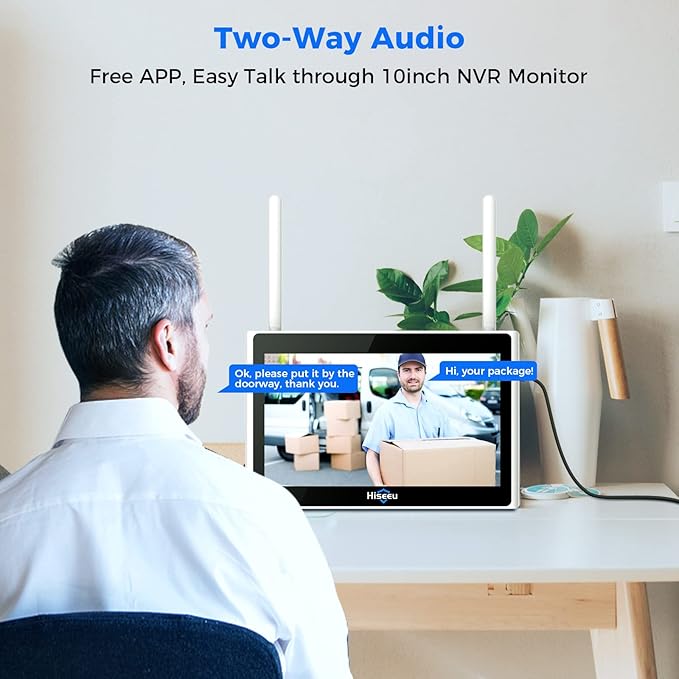 Hiseeu Wireless Security Camera System, 4 Cam- Kit 5MP Outdoor Security Camera with with 10in LCD 1T HDD,[Plug in & Play] 2.4G/5Ghz,2-Way Audio,Color Night Vision, IP66 Waterproof, No Montly Fees