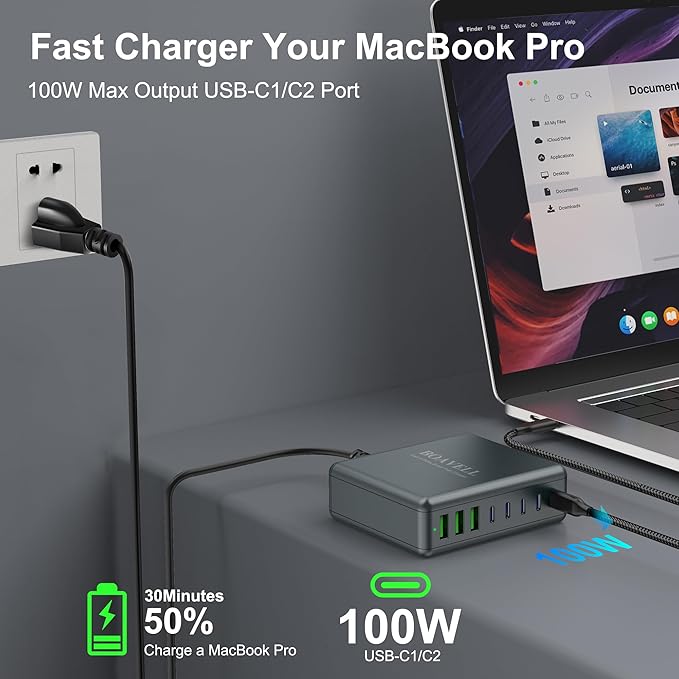 USB C Charger Block, 525W 8-Port GaN Fast Charging Station Hub with 100W Cable, Dual PD 100W Multi-Device USB C Wall Charger Adapter for iPhone 16 15, MacBook, Laptop, iPad, Samsung Galaxy and More
