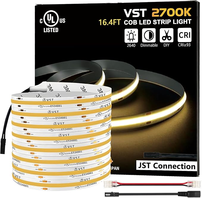 VST 16.4ft COB LED Strip Lights Warm White 2700K, 24V Dimmable LED Tape Light, 48w, 2640 LEDs, Ra 93+, IP30, Lighting for Kitchen, Cabinets, UL Listed (Power Source Not Included)