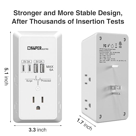 Outlet Extender, USB Wall Charger Surge Protector,5 Outlet Extender with 4 USB Charging Ports (5V 5A),3-Sided 1200J Power Strip Multi Plug Adapter for Home Travel,ETL Listed