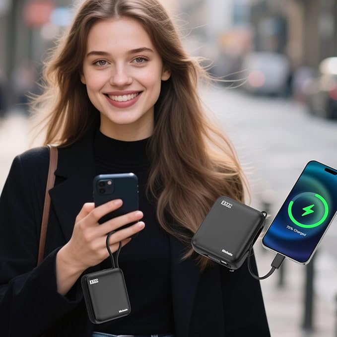 Hichain Small Portable Charger with Built in Cables LED Display, Mini Power Bank 10000mAh 22.5W USB-C Fast Charging Battery Pack, Travel Essential Power Bank for iPhone, iPad, Samsung, Android (Black)