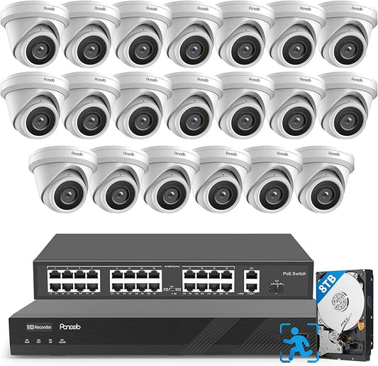 32 Channel Security Camera System, 20pcs 5MP Wired IP Turret Dome PoE Cameras Outdoor, AI Human Detection, Built-in Mic, Remote Access, 4K 32CH NVR 8TB HDD for 24-7 Recording, PD93A2032-5M