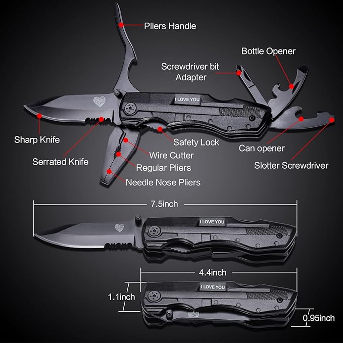 Multitool Pocket Knife for Men, Gifts for Boyfriend, Him, Husband, Dad, Multi Tool Tactical Plier With Nylon Sheath, Stocking Stuffer 'I LOVE YOU'