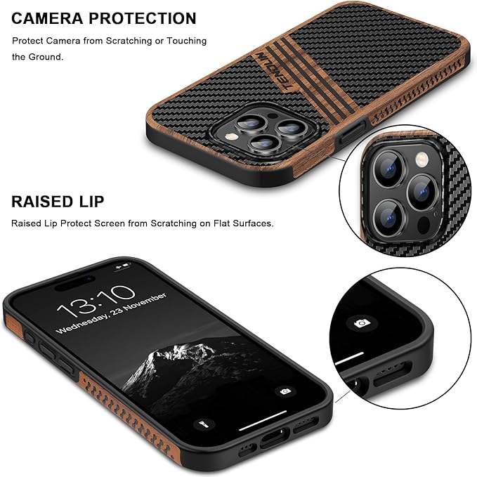TENDLIN Compatible with iPhone 15 Pro Case Wood Grain with Carbon Fiber Texture Design Leather Hybrid Slim Case (Three Stripe)