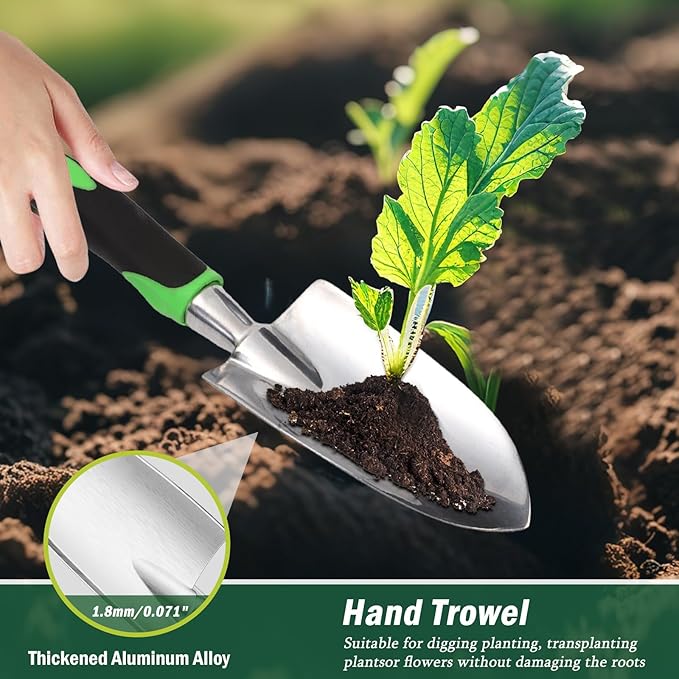 Garden Tools Set, 4 Packs Aluminum Alloy Heavy Duty Gardening Tools with Ergonomic Rubberized Non-Slip Handle, Lawn and Garden Hand Tools Gifts for Men Women (Green)