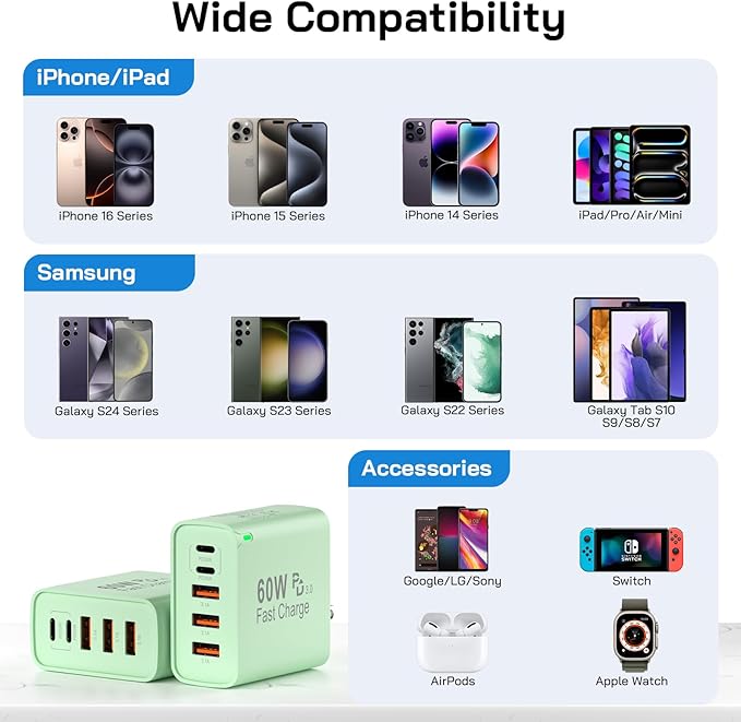 2Pack USB C Fast Charger Block, 60W 5-Port USB C Wall Charger 30W Type C Charging Block, 2USB C+3USB A PPS/PD 3.0 Multiport Charging Cube for iPhone 16 15 14 13 Pro Max,for Galaxy S25 S24 Ultra, i Pad