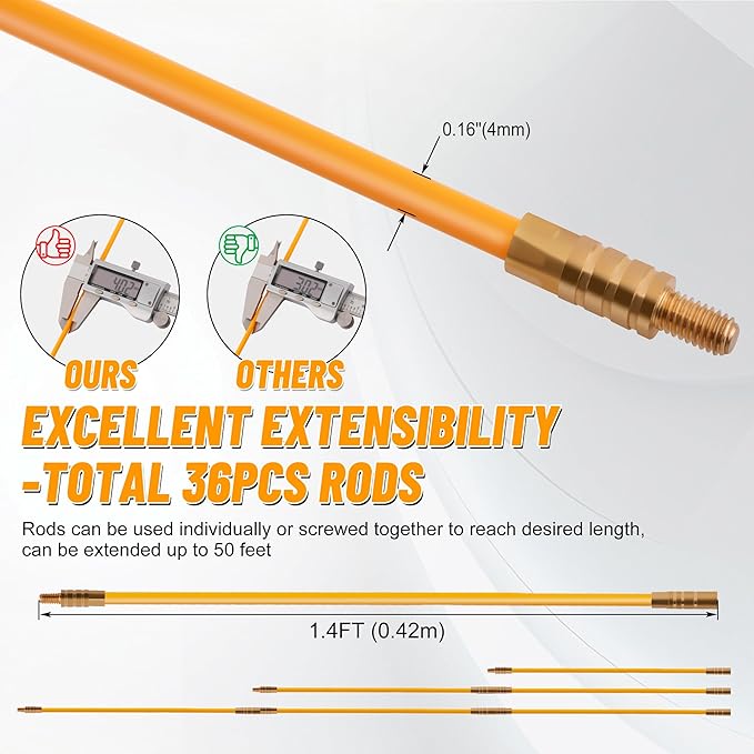 KOOTANS 50FT Fiberglass Running Electrical Wire Cable Glow Rods Wire Pulling Tools Fish Tape Wire Puller Through Wall Snake for Wires Cable Fishing Rod Kit with Different Attachments