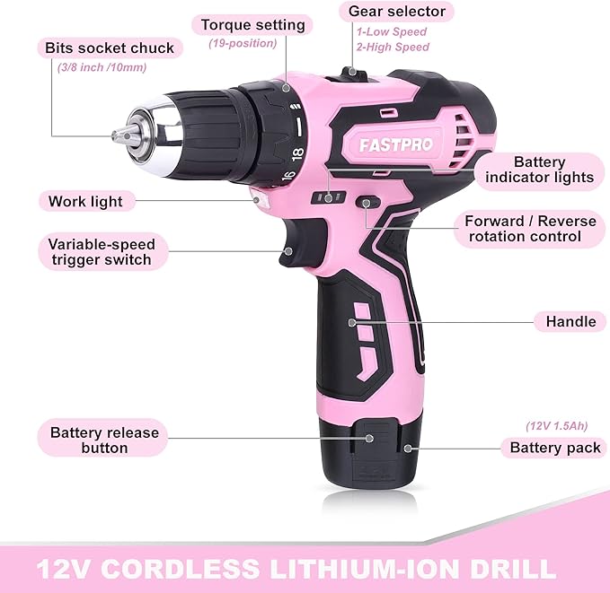 FASTPRO 175-Piece 12V Pink Drill Set, Cordless Lithium-ion Driver and Tool Kit, House Repairing Tool with 12-Inch Storage Bag, For DIY, Home Maintenance.