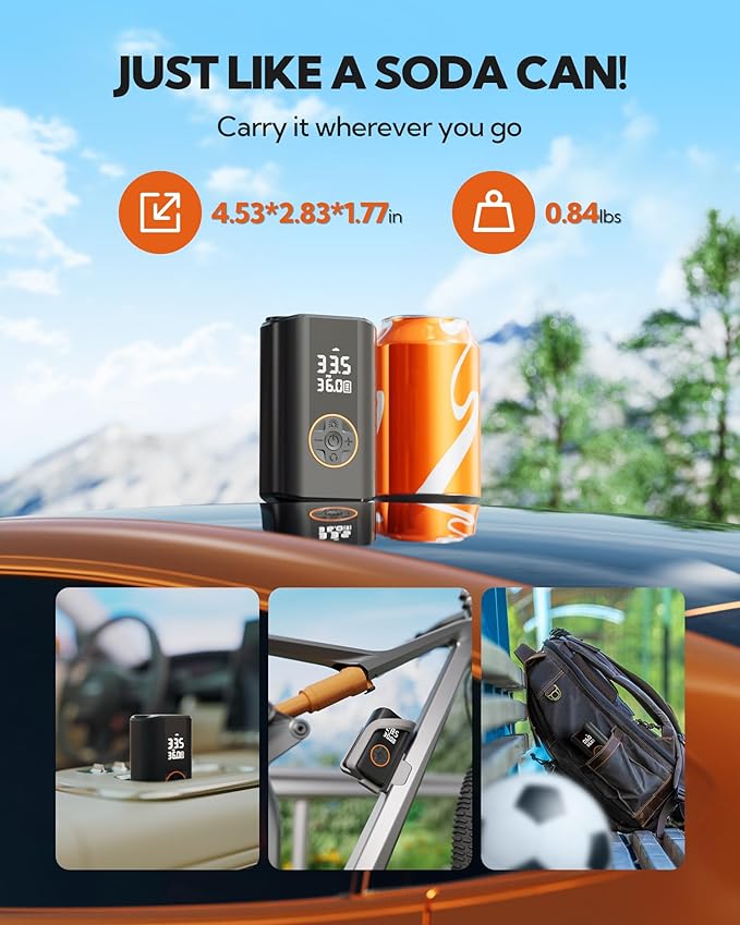 Tire Inflator Portable Air Compressor - Cordless Air Pump with Digital Tire Pressure Gauge, 3X Fast Inflation, Accurate Dual LCD Display & LED Light for Car Motorcycle E-Bike Ball