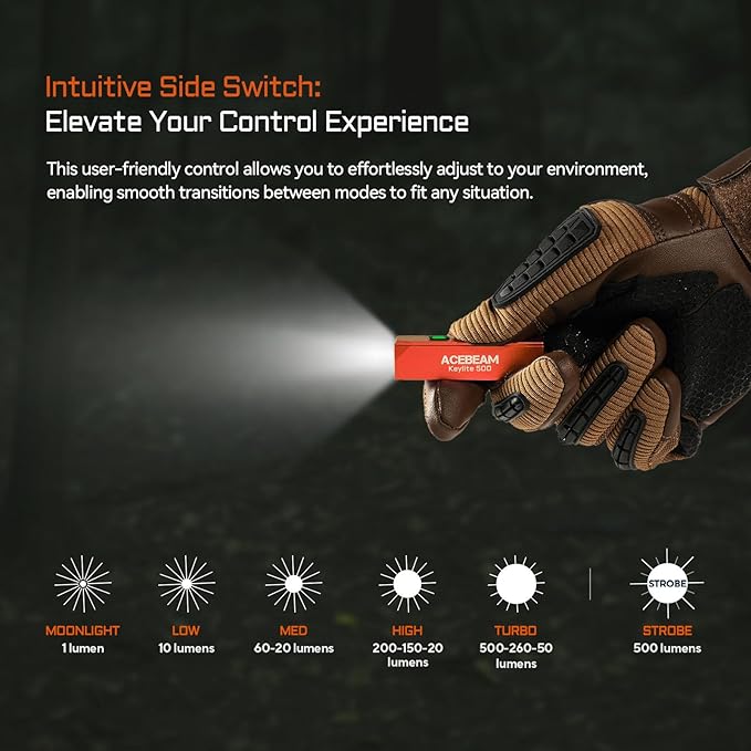 ACEBEAM Keylite 500 High Lumens Keychain Flashlight Rechargeable, Ultra-Compact Flat Pocket EDC Flashlight with Dual LEDs, 6 Modes, Type-C Charging, Small MINI Flash Light for Emergency, Home, Outdoor