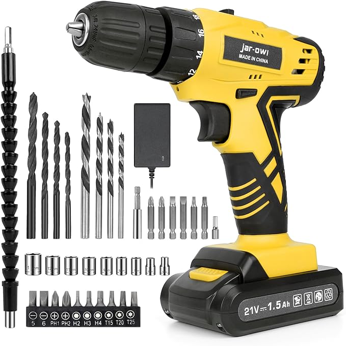 Portable 21V Power Drill Set with 37PCS Drill Bit,Cordless Drill Kit with Battery and Charger,Jar-owl Home Tool Kit with Electric Drill,Power Tool Combo Kit for Men Women Office Repair Maintain-Yellow