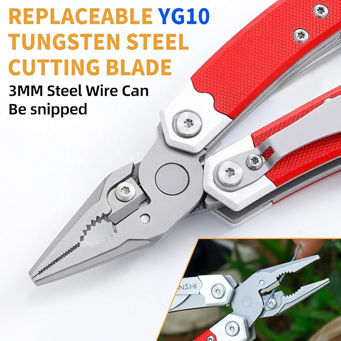 HANSHI G10 Handle Multitool Pliers with YG10 Tungsten Steel Replaceable Wire Cutters 12 in 1 Multi Tool Pocket Knife with Safety Lock,Saw,Bottel Opener for Camping,Survival with Nylon Sheath (red)