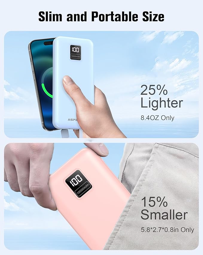 AsperX 2-Pack 10000mAh Portable Charger with Built-in Cables, USB C Output Power Bank Fast Charging, LED Display External Battery Pack for iPhone, Android, Google LG and Heated Vest