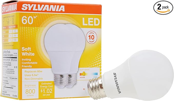 SYLVANIA LED Light Bulb, 60W Equivalent A19, Efficient 8.5W, Medium Base, Frosted Finish, 800 Lumens, Soft White - 2 Pack (73886)