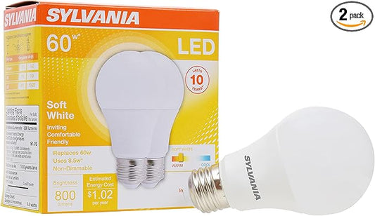 SYLVANIA LED Light Bulb, 60W Equivalent A19, Efficient 8.5W, Medium Base, Frosted Finish, 800 Lumens, Soft White - 2 Pack (73886)