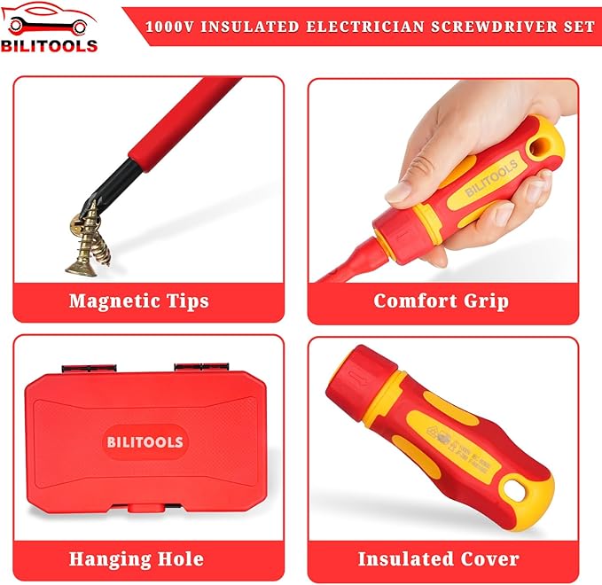 BILITOOLS 1000V Insulated Electrician Screwdriver Set - 13pcs Electrical Tools Kit with Magnetic CR-V Steel Tips, Insulated Handle, Phillips, Slotted, Pozi, Torx Screwdrivers, VDE & GS Certified