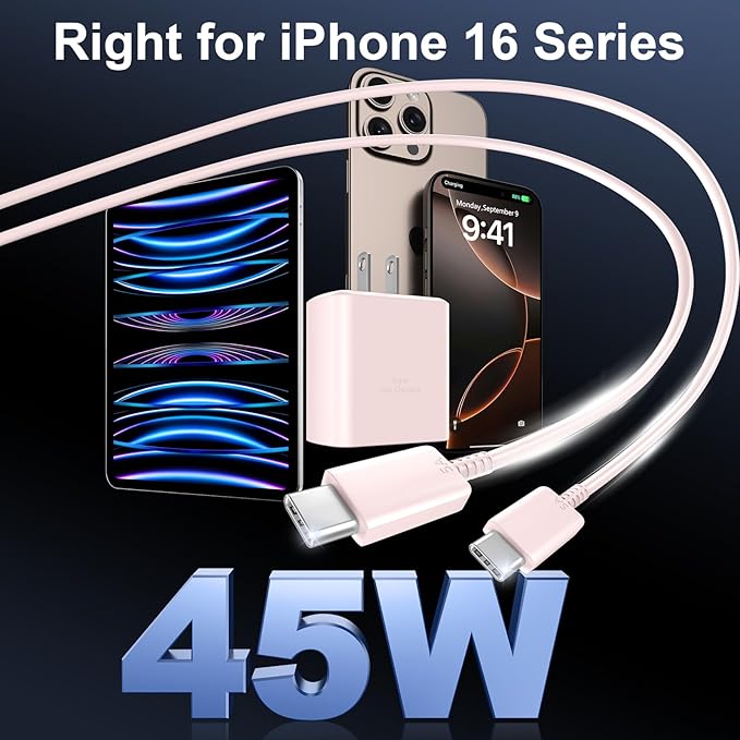 Phone 16 Pro Max Charger Fast Charging, 45W USB C Phone 16 Super Fast Charger Block with 10ft Long Type C Charging Cable Cord for Phone 16/16 Pro/16 Pro Max/16 Plus, 15/15 ProMax/Pro/Plus-White+Pink