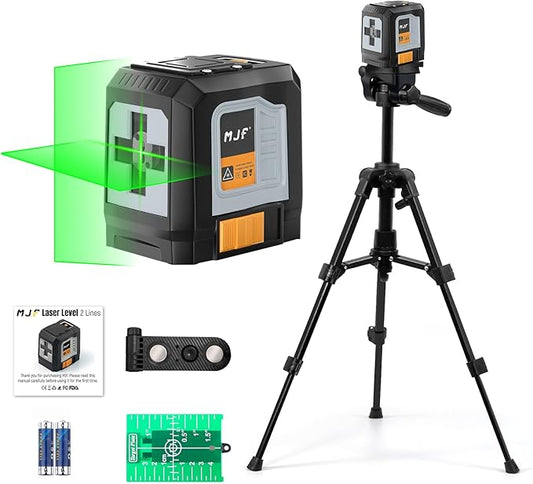 MJF 2 Line Laser Level with Tripod, 100 feet Self Leveling Laser Level, Green Cross Line Self leveling, 4 Brightness Adjustment, Manual Self leveling Mode, Carrying Bag Included