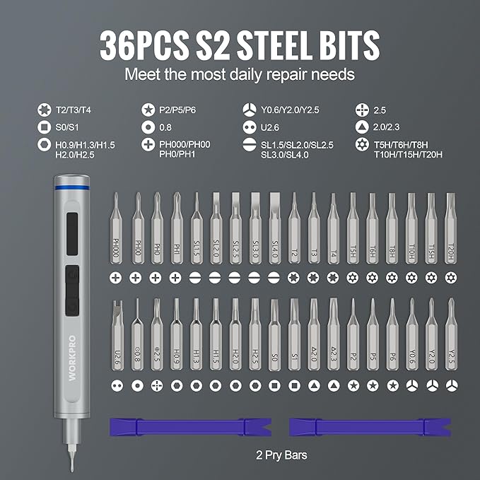 WORKPRO 38 in 1 Electric Screwdriver, 3.7V Electric Precision Screwdriver with Magnetizer and S2 Steel Bits, Max 0.3N.m, Cordless Mini Power Screw Driver for Electronics Phone Camera Laptop