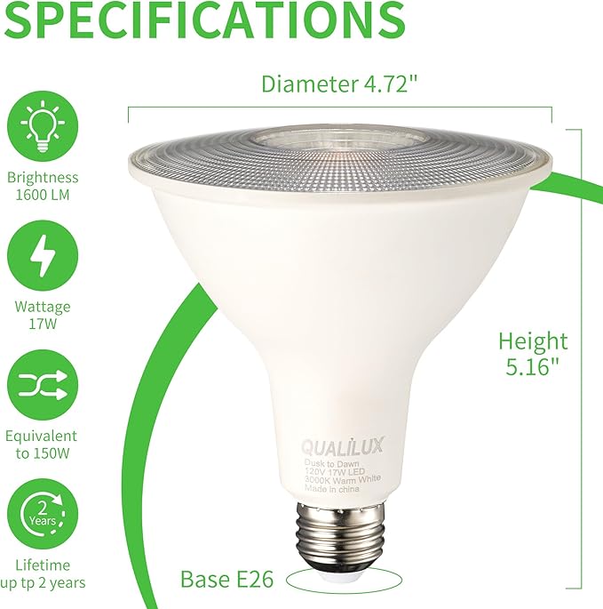 Dusk to Dawn PAR38 LED Light Bulbs, Daylight 5000K, 150W Equivalent, 1700LM, Auto On/Off Light Sensor Bulb, Non-Dimmable, E26, 17W 2 Pack, HQ-H033