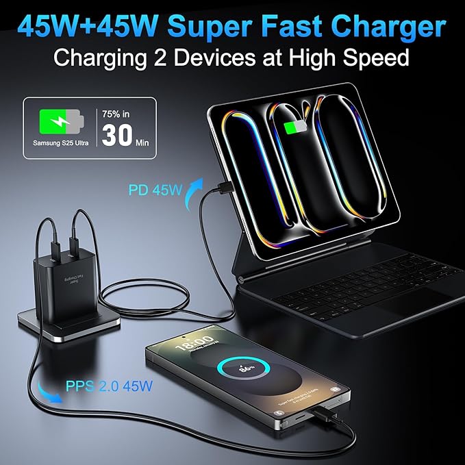 45W USB-C Super Fast Charger, 2-Port 45 Watt Type C Charger Fast Charging Block with 6.6FT USB C Cable Cord for Samsung Galaxy S25 Ultra/S25+/S25/S24/S23 Ultra/S23+/S22 Ultra/S22+/S20 Ultra-Black