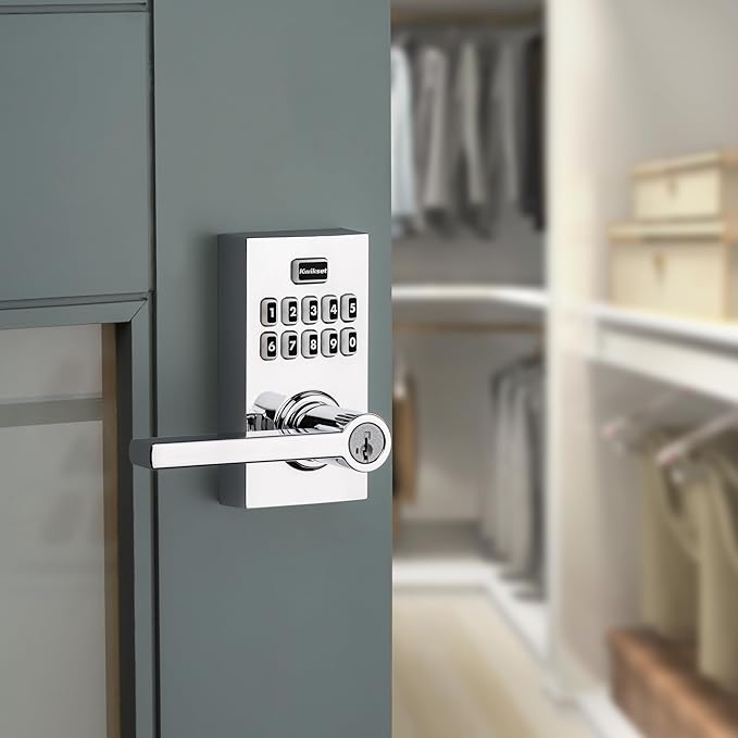 Kwikset SmartCode 917 Keypad Keyless Entry Contemporary Residential Electronic Lever Lock Deadbolt Alternative with Halifax Door Handle and SmartKey Security, Polished Chrome