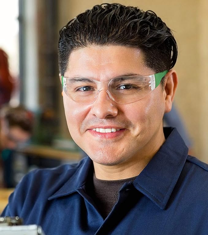 BISON LIFE Protective Safety Glasses, Clear Polycarbonate Impact and Ballistic Resistant Lens - Green Temple (Case of 12 Boxes, 144 Pairs Total)