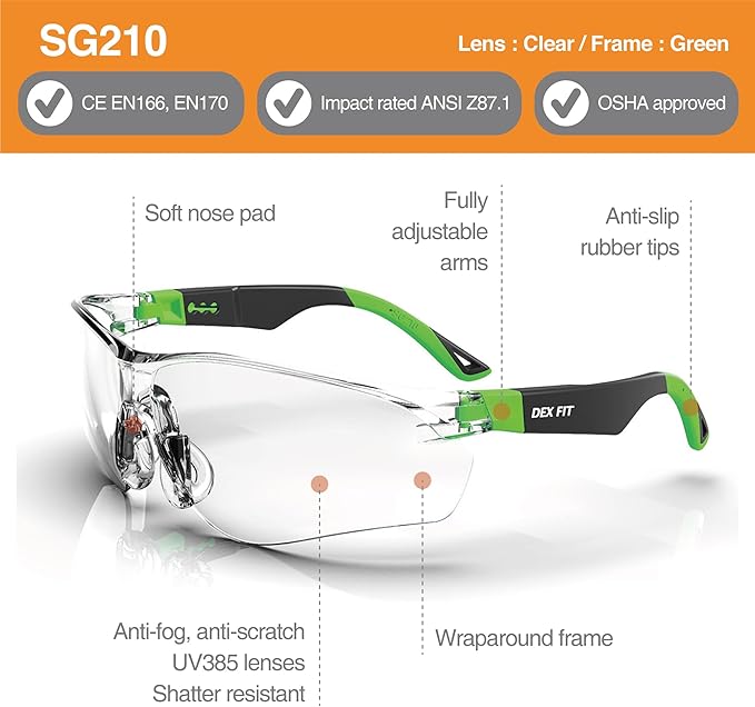 DEX FIT Safety Glasses SG210; 6 Pairs, Z87, Anti-Fog & Scratch Resistant, Adjustable for Women and Men, UV Protection (Black & Green Frame, Clear Lens)
