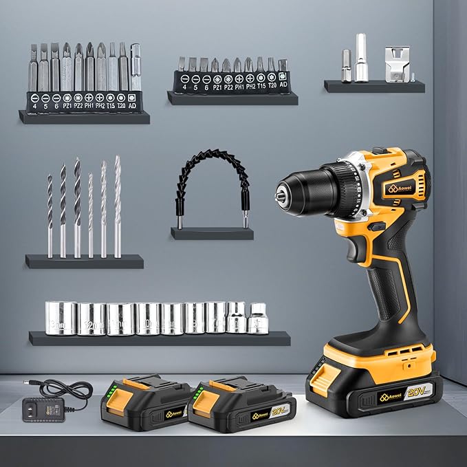 Cordless Drill Set/Driver, 20V Electric Power Drill With Battery And Charger, 30N Torque, 25+1 Settings, 2 Batteries,3/8-Inch Keyless Chuck, Driver Bits Kit, LED Light