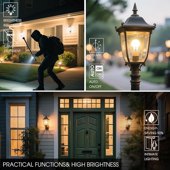 Dusk to Dawn LED Outdoor Light Bulb, 75 Watt Equivalent, 9W 1100 Lumens, 3000K Warm White LED Light Bulbs, E26 Base, Automatic On/Off Sensor Light Bulb for Porch, Hallway, Garage, ETL Listed, 4-Pack