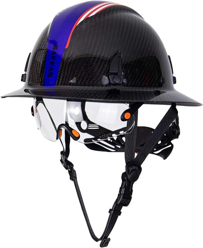 Carbon Fiber Full Brim Hard Hat Safety Helmet with Goggles and Leather Chin Strap 6-Point Suspension Adjustable Knob with Neck Protection